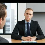 A split-screen image depicting two contrasting job interview scenarios. On one side, a sharply dressed applicant maintains confident eye contact with the interviewer while sitting upright; the background is a modern, well-lit office. On the other, an applicant avoids eye contact, slumps in their chair, and the office background appears cluttered and dim, suggesting a negative impression. The overall tone should be professional and slightly humorous to emphasize the difference.