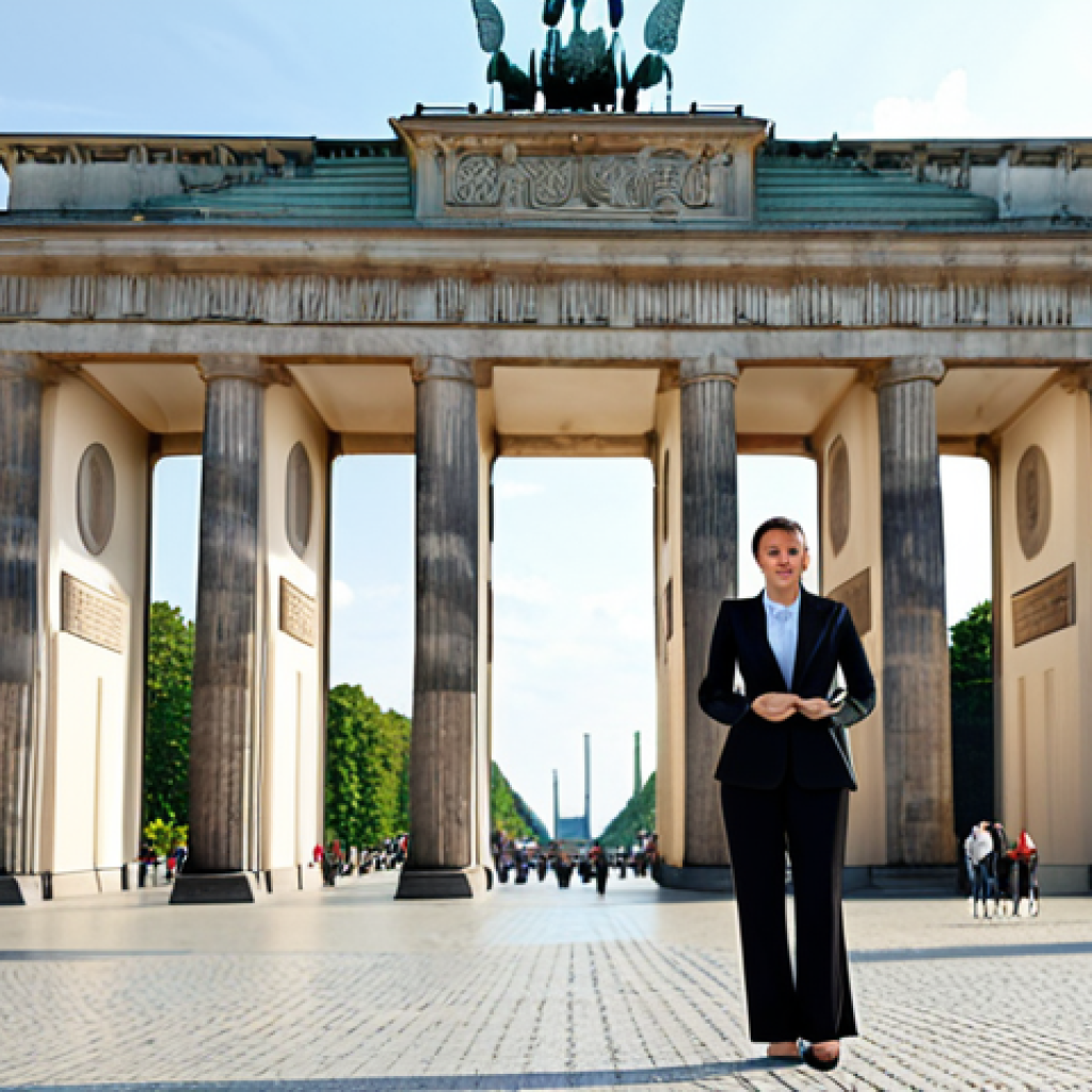 **

"A professional businesswoman in a modest, tailored blazer and dress pants, standing in front of the Brandenburg Gate in Berlin, fully clothed, appropriate attire, safe for work, perfect anatomy, natural proportions, professional digital art, high quality, daytime setting, professional."

**