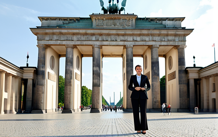 **

"A professional businesswoman in a modest, tailored blazer and dress pants, standing in front of the Brandenburg Gate in Berlin, fully clothed, appropriate attire, safe for work, perfect anatomy, natural proportions, professional digital art, high quality, daytime setting, professional."

**