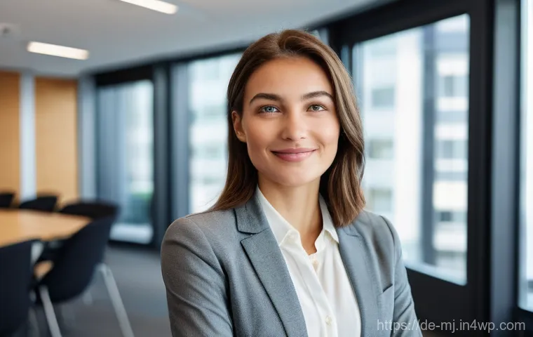 비언어적 커뮤니케이션에서의 피드백 기술 - **Prompt:** A young, confident woman in her late 20s stands in a brightly lit, modern office confere...