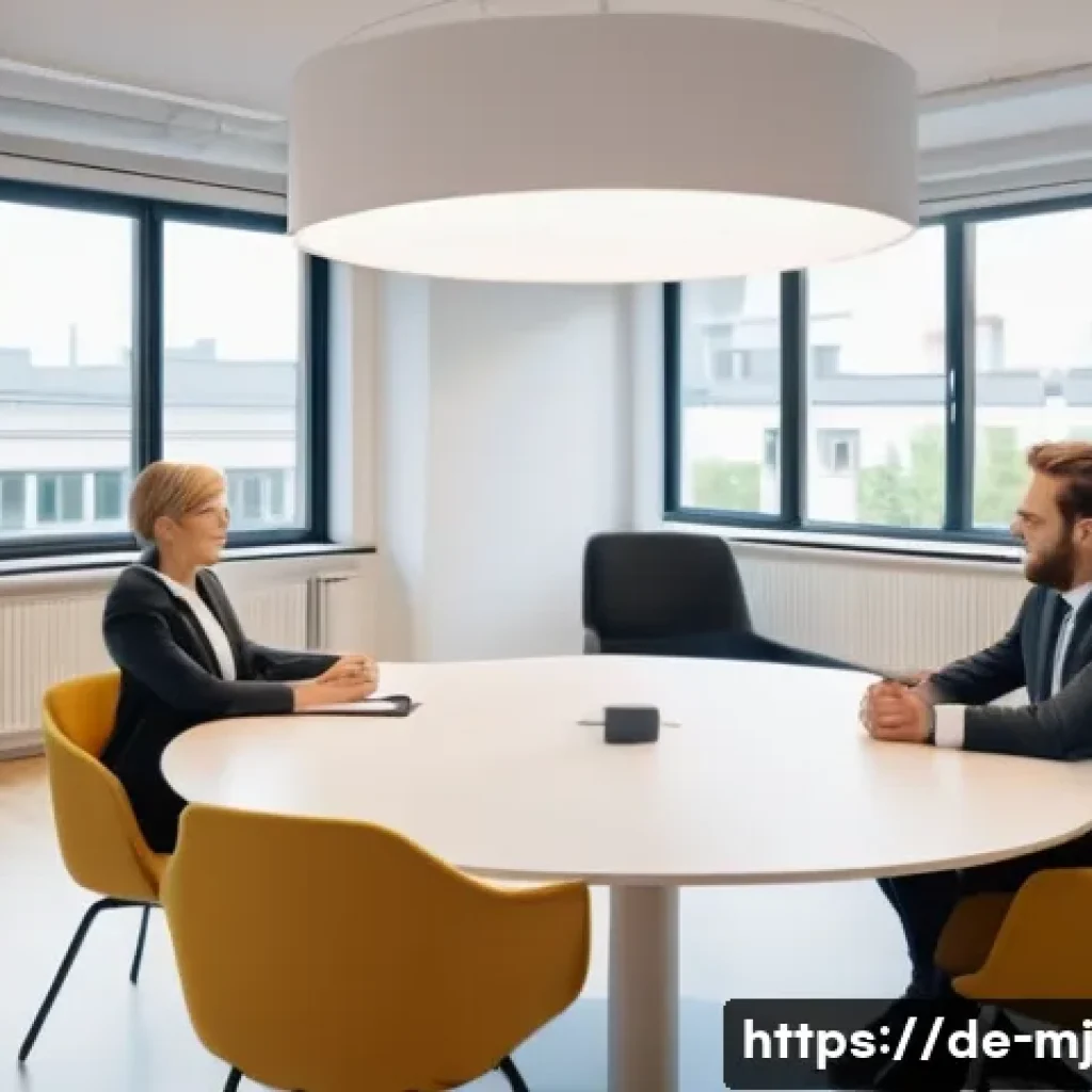 비언어적 커뮤니케이션과 사회적 상호작용 - A professional business meeting scene in a modern German office, showing two colleagues seated at a ...