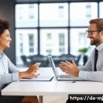 Home 20 비언어적 신호로 대화의 깊이 더하기 - A professional business meeting scene in a modern German office, featuring diverse colleagues engagi...