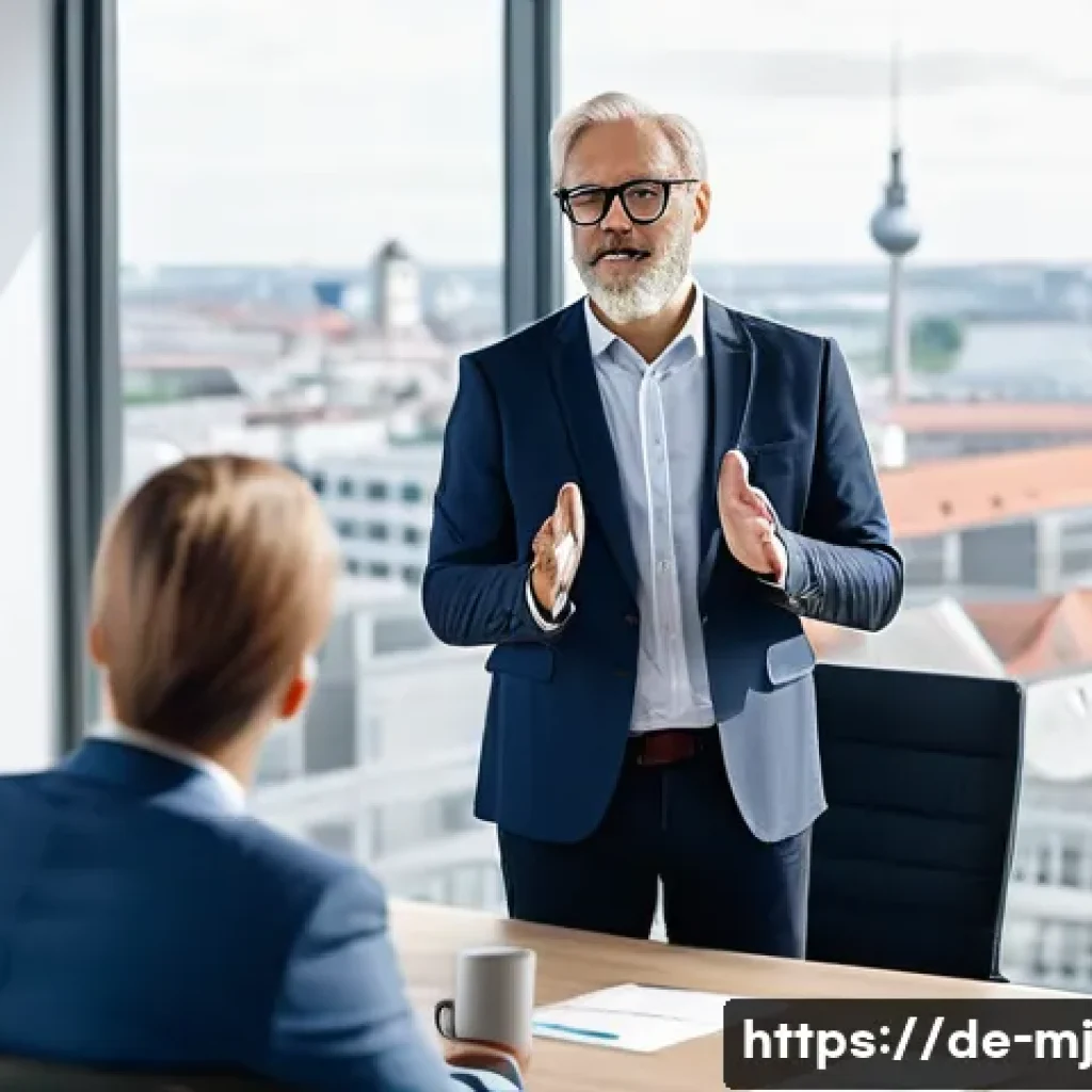 비언어적 의사소통과 청중의 반응 - A professional business meeting scene in a modern German office, showing a confident middle-aged man...