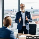Home 18 비언어적 의사소통과 청중의 반응 - A professional business meeting scene in a modern German office, showing a confident middle-aged man...