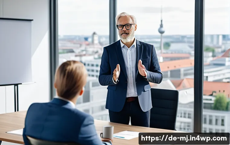 비언어적 의사소통과 청중의 반응 - A professional business meeting scene in a modern German office, showing a confident middle-aged man...