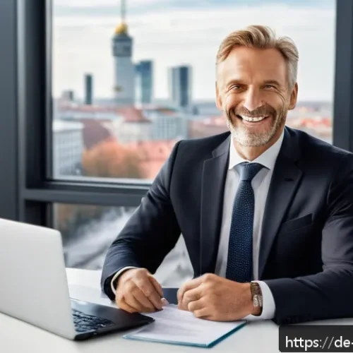 Home 32 자신의 비언어적 신호 인식하기 - A professional business setting showing a confident middle-aged German man in a modern office enviro...