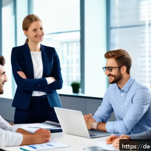 Home 31 비언어적 커뮤니케이션과 직장 내 갈등 해결 - A modern German office meeting scene showing diverse colleagues actively engaging with each other. F...