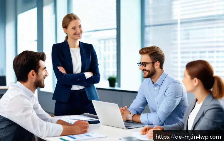비언어적 커뮤니케이션과 직장 내 갈등 해결 - A modern German office meeting scene showing diverse colleagues actively engaging with each other. F...